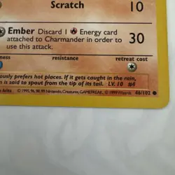1999 Pokemon TCG Charmander Base Set 46/102 Shadowless Rare - Vintage Wotc LP - Image 3