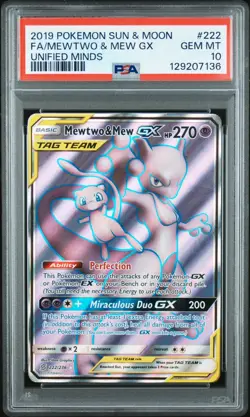 Pokemon Mewtwo & Mew GX Full Art 222/236 Unified Minds Tag Team GEM MINT PSA 10 - Image 1