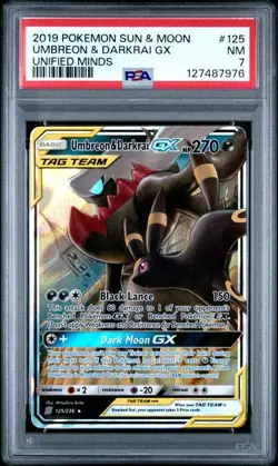 2019 POKEMON SUN & MOON UNIFIED MINDS #125 UMBREON & DARKRAI GX PSA 7 - Image 1