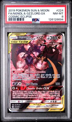 2019 POKEMON SUN & MOON COSMIC ECLIPSE FULL ART/NAGANADEL & GUZZLORD GX PSA 8 - Image 1