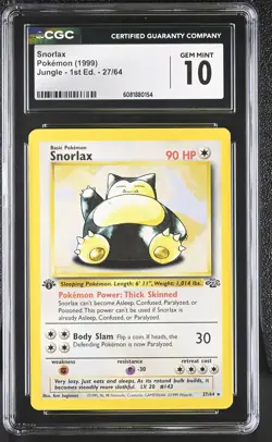 CGC 10 GEM MINT Snorlax 1999 Jungle 1st Edition 27/64 Pokemon Card - Image 1