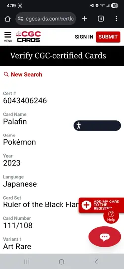 Palafin Japanese Pokemon Card SV3 Ruler of The Black Flame CGC 10 Pristine - Image 3