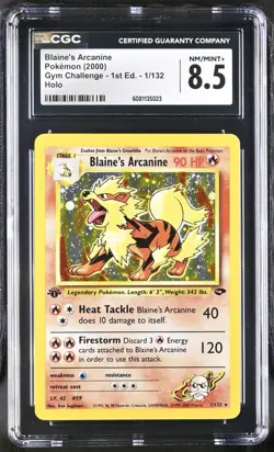 CGC 8.5 Blaine's Arcanine Gym Challenge 1st Edition 1/132 SWIRL Pokemon Card - Image 1