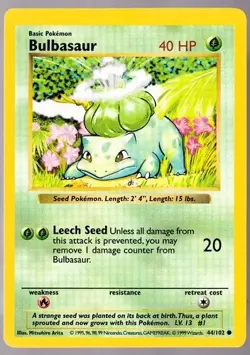 Bulbasaur Shadowless 44/102 Base Set Pokemon TCG Card 1999 LP almost MINT - Image 1