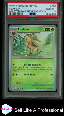 LEAFEON MASTER BALL REVERSE HOLO POKEMON PRE EN-PRISMATIC EVOL. 2025 005 PSA 10 - Image 1