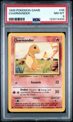 1999 Wizards Of The Coast Pokemon Base Set Unlimited#46 Charmander PSA 8 NM-MT - Image 1