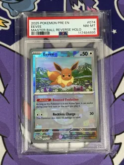 2025 Pokemon PRE EN Eevee Master Ball Reverse Holo PSA 8 - Image 1