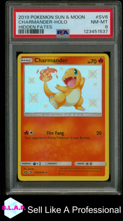 CHARMANDER-HOLO HIDDEN FATES POKEMON SUN & MOON HIDDEN FATES 2019 SV6 PSA 8 - Image 1