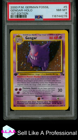 GENGAR-HOLO 1ST EDITION POKEMON GERMAN FOSSIL 2000 5 PSA 8 - Image 1