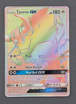 Pokemon TCG Tauros GX Rainbow Secret Rare Card 156/149 Sun & Moon - Image 1