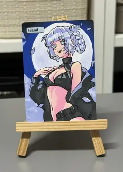 Hand Painted Altered Art Mtg land card Anime Island Girl Vampire - Image 1