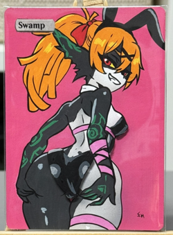 Hand Painted Altered Art Mtg land card Anime girl Swamp - Image 1