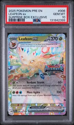 PSA 10 LEAFEON #006 SURPRISE BOX EXCLUSIVE STAMPED 2025 POKEMON PRE EN PRISMATIC - Image 1