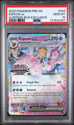 PSA 10 ESPEON #034 SURPRISE BOX EXCLUSIVE STAMPED 2025 POKEMON PRE EN PRISMATIC - Image 1