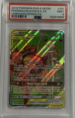 2019 POKEMON SUN & MOON UNBROKEN BONDS 191 FA PHEROMOSA & BUZZWOLE GX PSA MINT 9 - Image 1