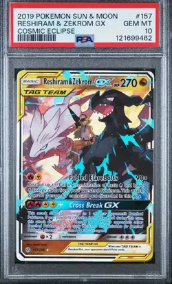 2019 POKEMON SUN & MOON COSMIC ECLIPSE #157 RESHIRAM & ZEKROM GX PSA 10 - Image 1
