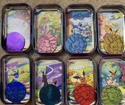 8 EMPTY Pokemon PRISMATIC EVOLUTIONS Mini Tins + Coins + Art Cards+ Bonus Promos - Image 1