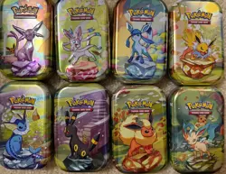 8 EMPTY Pokemon PRISMATIC EVOLUTIONS Mini Tins + Coins + Art Cards+ Bonus Promos - Image 2