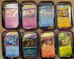 8 EMPTY Pokemon PRISMATIC EVOLUTIONS Mini Tins + Coins + Art Cards+ Bonus Promos - Image 3