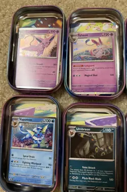 8 EMPTY Pokemon PRISMATIC EVOLUTIONS Mini Tins + Coins + Art Cards+ Bonus Promos - Image 5