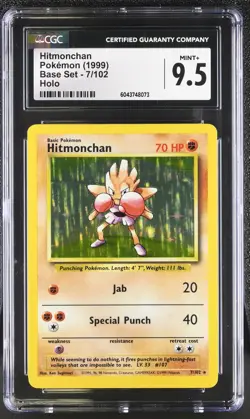 CGC 9.5 MINT+ Hitmonchan 1999 Base Set 7/102 Holo Pokemon Card - Image 1