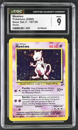 CGC 9 MINT Mewtwo 2000 Base Set 2 10/130 Holo Pokemon Card - Image 1