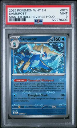 2025 POKEMON WHT EN-WHITE FLARE MASTER BALL REVERSE HOLO #023 SAMUROTT PSA 9 - Image 1