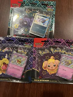 LOT OF 3 Pokemon TCG Paldean Fates Tech Sticker Collection Blister Pack Set NEW! - Image 1