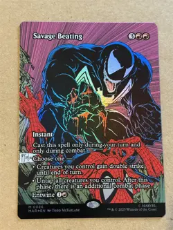 mtg borderless foil Savage Beating full art card, Marvel Spiderman set, unplayed - Image 1