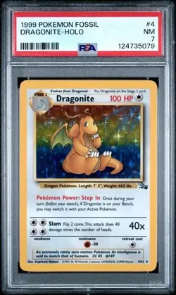 1999 Pokemon Fossil Unlimited Dragonite Holo Rare Card 4/62 Graded PSA 7 - Image 1