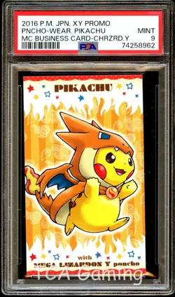 PSA 9 MINT Poncho Wearing Pikachu MEGA Charizard Y BUSINESS Pokemon Card 962 - Image 1