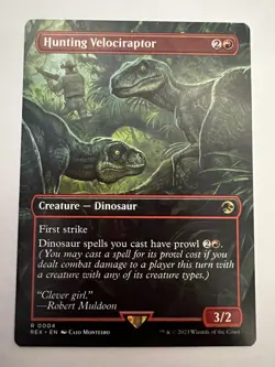 Magic the Gathering Jurassic Park World Borderless Hunting Velociraptor Mythic - Image 1