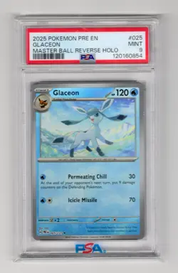 2025 POKEMON PRE EN GLACEON MASTER BALL REVERSE HOLO #025 PSA 9 - Image 1