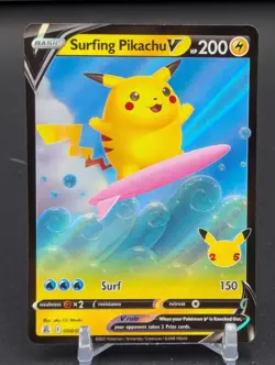 Pokemon TCG 2021 Celebrations Surfing Pikachu v Holo Rare Card 008/025 NM - Image 1