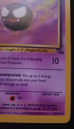 1999 Fossil Set Gastly 33/62 Pokemon TCG Wizards of the Coast - Image 2