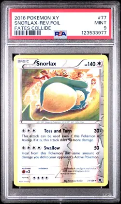 2016 POKEMON XY FATES COLLIDE #77 SNORLAX-REVERSE FOIL PSA 9 - Image 1