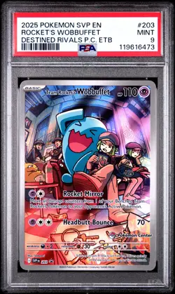 2025 POKEMON DESTINED RIVALS POKEMON CENTER ETB TEAM ROCKET'S WOBBUFFET PSA 9 - Image 1