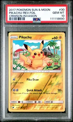 PIKACHU - Reverse Foil 30/111 Pokemon Sun & Moon Crimson Invasion PSA 10 - Image 1