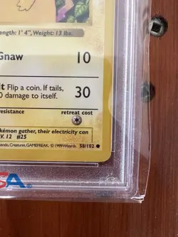PSA 8 Pikachu 58/102 Red Cheeks Shadowless Base Set 1999 Pokemon Card - Image 3