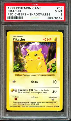 PSA 9 MINT Pikachu 58/102 Red Cheeks Shadowless Base Set 1999 Pokemon Card - Image 1