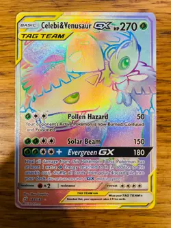 NM! Celebi & Venusaur GX (182/181) S&M Tag Team Team Up Rainbow Pokemon Card! - Image 1