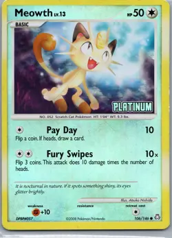 2008 Pokemon, D&P Legends Awakened BK Promos #106/146 Meowth, Reverse Holo (c) - Image 1