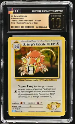 BLACK LABEL CGC 10 PRISTINE Lt. Surge's Raticate 016/034 Blastoise Deck Pokemon - Image 1