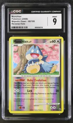 CGC 9 MINT Munchlax 2008 Majestic Dawn 68/100 Reverse Holo Pokemon Card - Image 1