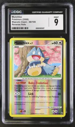 CGC 9 MINT Munchlax 2008 Majestic Dawn 68/100 Reverse Holo Pokemon Card - Image 1