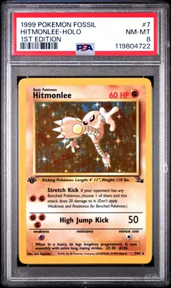 1999 POKEMON FOSSIL 1ST ED #7 HITMONLEE-HOLO PSA 8 - Image 1