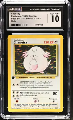 CGC 10 GEM MINT Chansey 1999 Base Set 1st Edition 3/102 Holo GERMAN Pokemon Card - Image 1