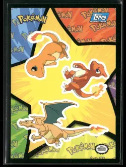 Pokemon Topps Sticker Card #S8 Charmander, Charmeleon & Charizard Blue Logo - Image 1