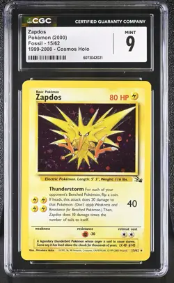 CGC 9 MINT Zapdos 2000 Fossil Cosmos Holo 15/62 1999-2000 SWIRL Pokemon Card - Image 1