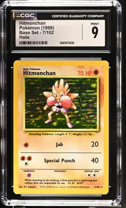CGC 9 MINT Hitmonchan 1999 Base Set 7/102 Holo Pokemon Card - Image 1